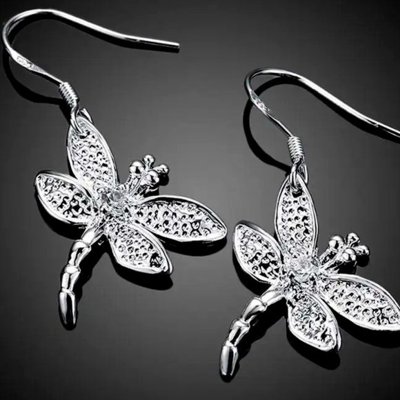 Fine Silver Jewelry - Gorgeous Crystal Dragonfly Hanging Earring's Solid Sterling Silver